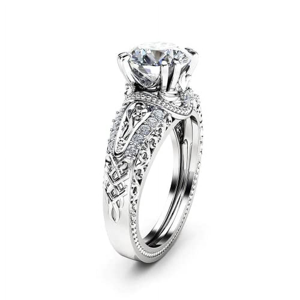 HeartsAndYou 2ct Round Cut Moissanite Engagement Ring for Women 18k White Gold over Silver Filigree Vintage Inspired