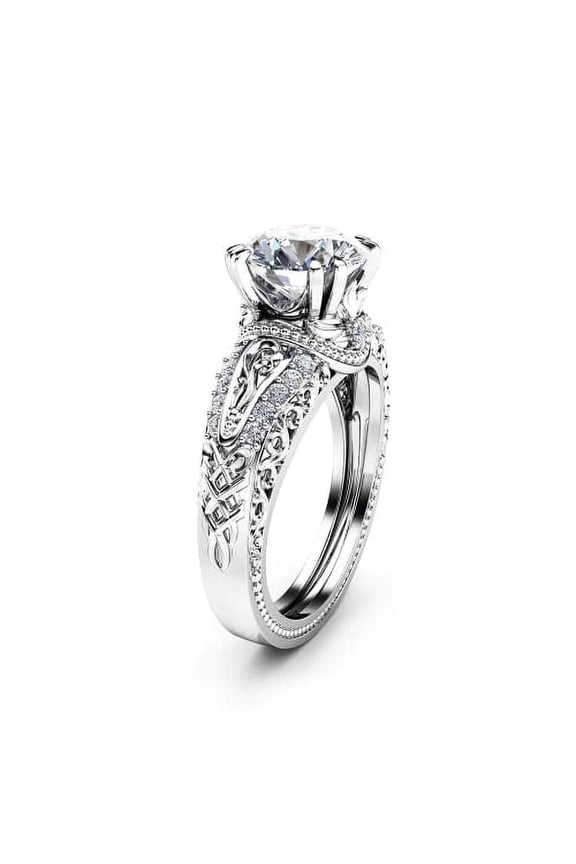 2ct Round Cut Moissanite Engagement Ring for Women 18k White Gold over Silver Filigree Vintage Inspired