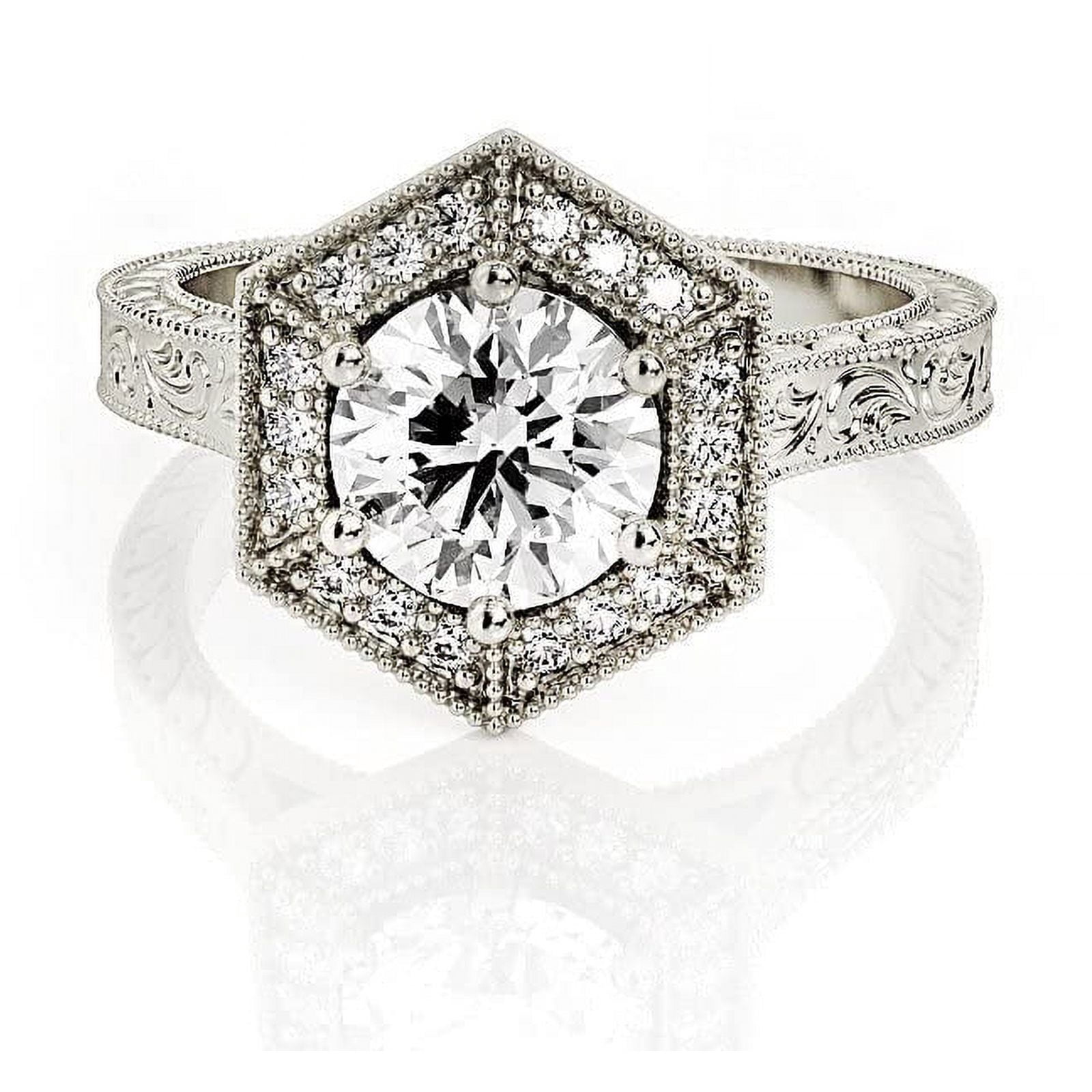 HeartsAndYou 2ct Round Cut Moissanite Engagement Ring for Women 18k White Gold over Silver Halo Antique Inspired Vintage Inspired