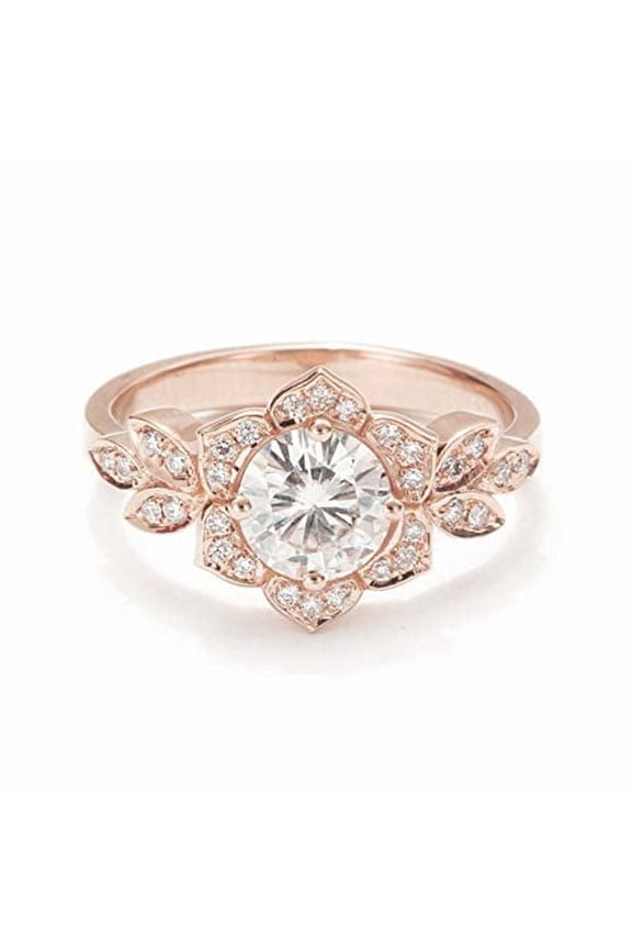 2ct Round Cut Moissanite Engagement Ring for Women Flower Leaf Inspired 18k Rose Gold over Silver