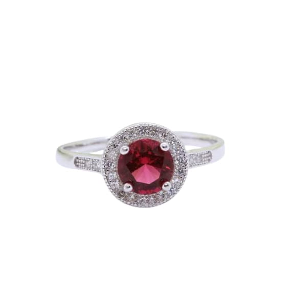 HeartsAndYou 2ct Round Natural Ruby & Diamond Ring Round Accent Halo 14k SOLID White Gold
