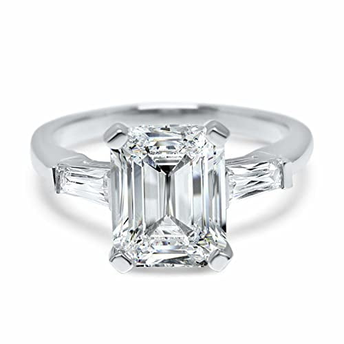 HeartsAndYou 3.2ct Emerald Cut Moissanite Baguette Accents Trilogy Ring 18k White Gold over Silver