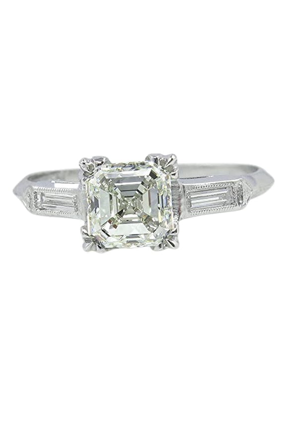 3.5ct Asscher Cut Moissanite Trilogy Engagement Ring for Women 18k White Gold over Silver Baguette Accents