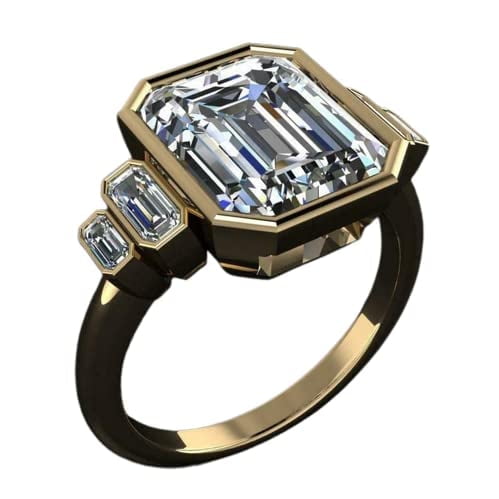 HeartsAndYou 3.5ct Emerald Cut Moissanite Engagement Ring for Women 18k Yellow Gold over Silver 5 Stone Bezel Set