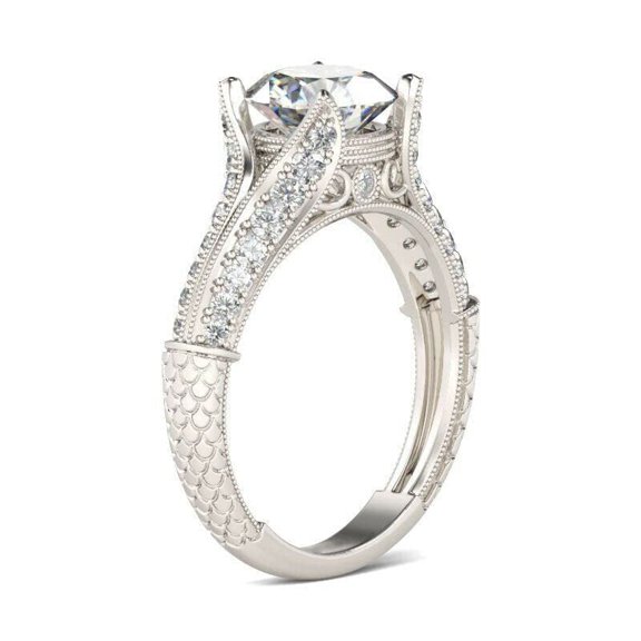 HeartsAndYou 3.5ct Round Cut Moissanite Fish Scale Solitaire Engagement Ring for Women 18k White Gold over Silver