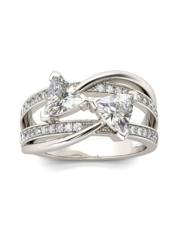 3.5ct Trillion Cut Moissanite Two Stone Unique Engagement Ring for Women 18k White Gold over Silver