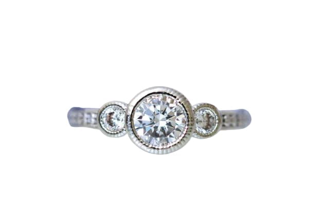 HeartsAndYou 3 Stone Bezel Set Engagement Ring for Women 1.2ct Round Cut Moissanite 18k White Gold Over Silver