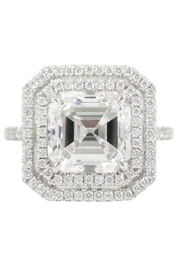 3ct Asscher Cut Moissanite Engagement Ring for Women Dual Halo Solitaire 18k White Gold over Silver