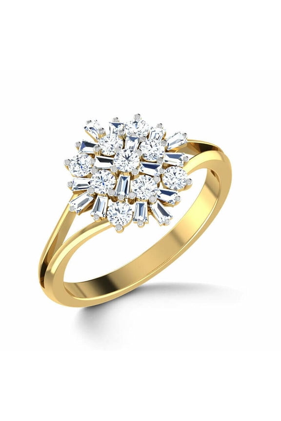 3ct Baguette Cut Moissanite Floral Sunburst Engagement Ring for Women 18k Yellow Gold over Silver