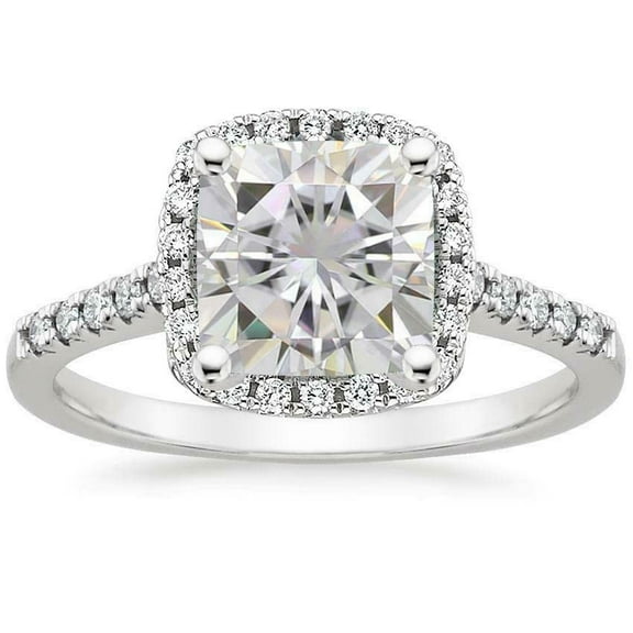 HeartsAndYou 3ct Cushion Cut Moissanite Engagement Ring for Women 18k White Gold over Silver Halo Round Accents