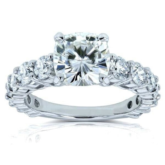 HeartsAndYou 3ct Cushion Cut Moissanite Solitaire Ring 18k White Gold over Silver with Round Accents