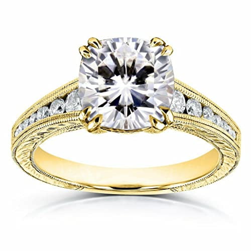 HeartsAndYou 3ct Cushion Cut Moissanite Vintage Inspired Solitaire Ring 18k Yellow Gold over Silver Round Accent