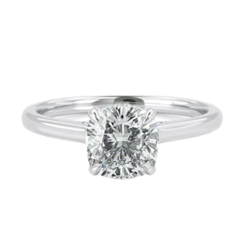 HeartsAndYou 3ct Cushion Moissanite Hidden Halo Solitaire Engagement Ring for Women 18k White Gold over Silver