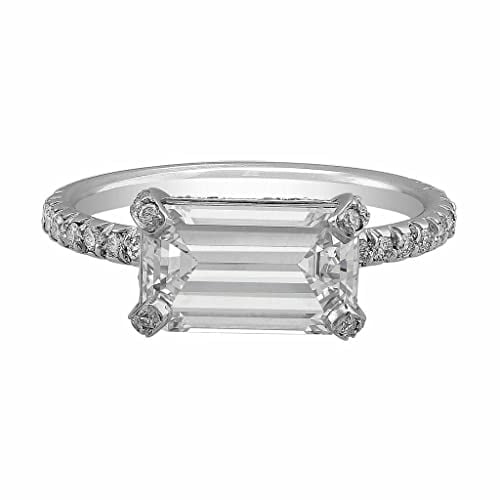 HeartsAndYou 3ct East West Emerald Cut Moissanite Solitaire Engagement Ring for Women 18k White Gold over Silver