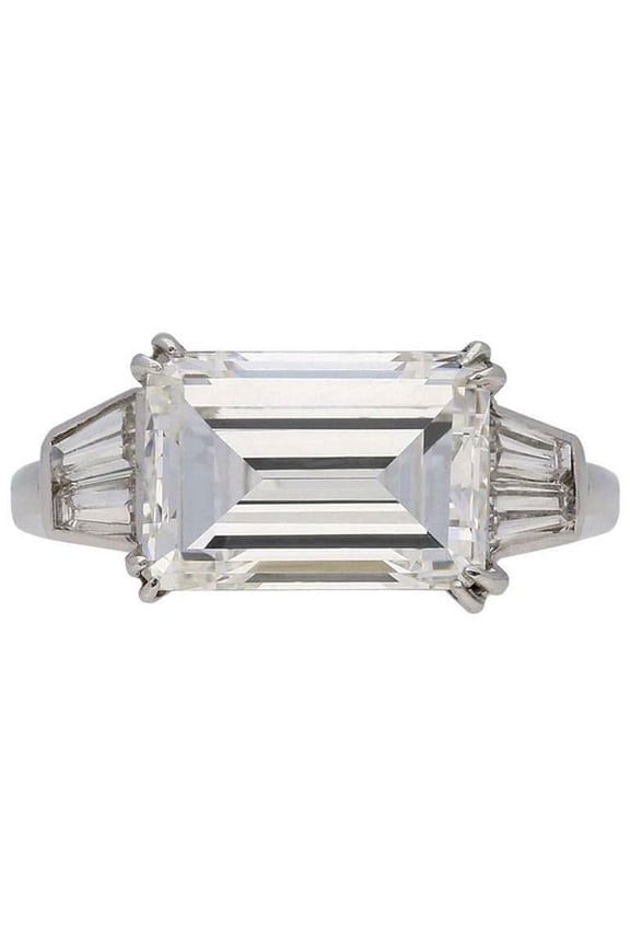 3ct East West Emerald Moissanite Ring 18k White Gold over Silver Two Baguette Cut Accents