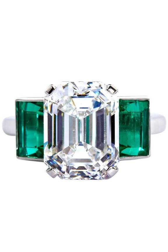 3ct Emerald Cut Moissanite & Emerald Trilogy Engagement Ring for Women 18k White Gold over Silver