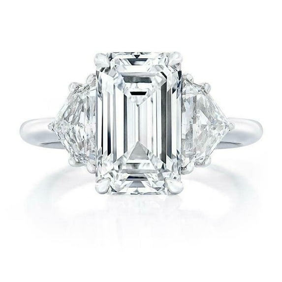 HeartsAndYou 3ct Emerald Cut Moissanite Engagement Ring for Women 18k White Gold over Silver Solitaire Trilogy For Women