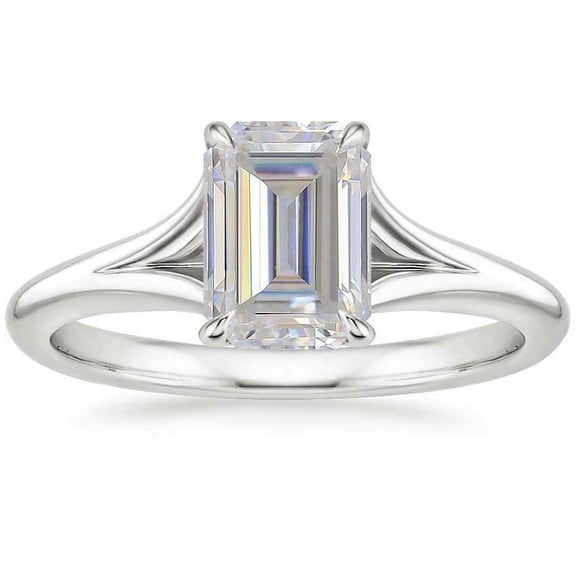 HeartsAndYou 3ct Emerald Cut Moissanite Solitaire Ring 18k White Gold over Silver Twisted Split Shank