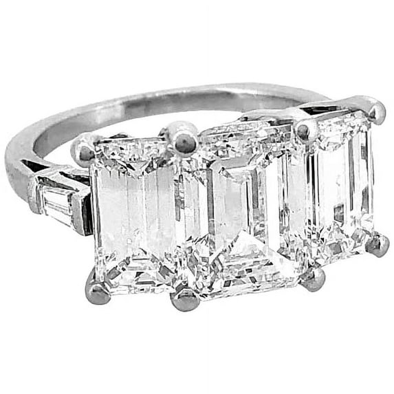 HeartsAndYou 3ct Emerald Moissanite Trilogy Engagement Ring for Women 18k White Gold over Silver Baguette Accents
