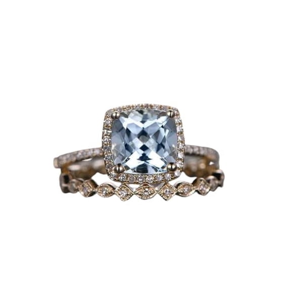 HeartsAndYou 3ct Natural Blue Aquamarine Bridal Set Engagement Ring 14k SOLID Yellow Gold