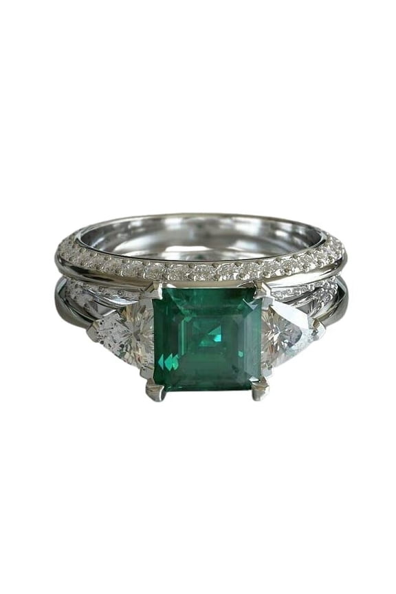 3ct Natural Emerald & Diamond Engagement Ring Bridal Set 14k SOLID White Gold