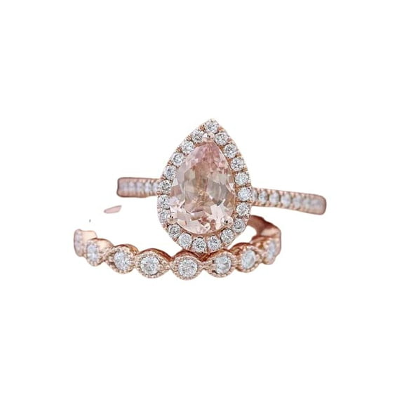 HeartsAndYou 3ct Natural Morganite Bridal Set Stylish Band Halo Ring 100% 14k SOLID Rose Gold