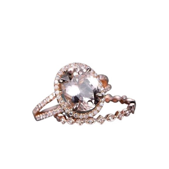 HeartsAndYou 3ct Natural Peach Morganite Bridal Set Split Band Ring 100% 14k SOLID Rose Gold