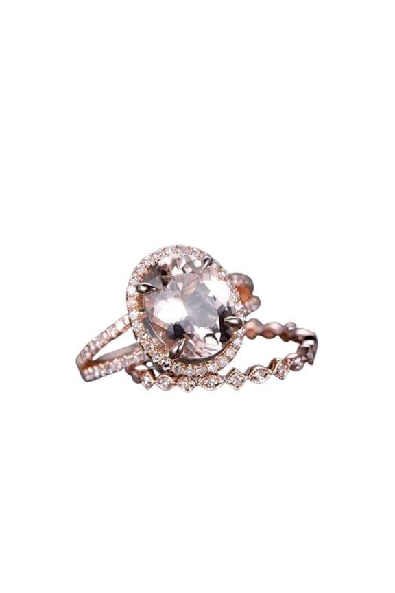 3ct Natural Peach Morganite Bridal Set Split Band Ring 100% 14k SOLID Rose Gold