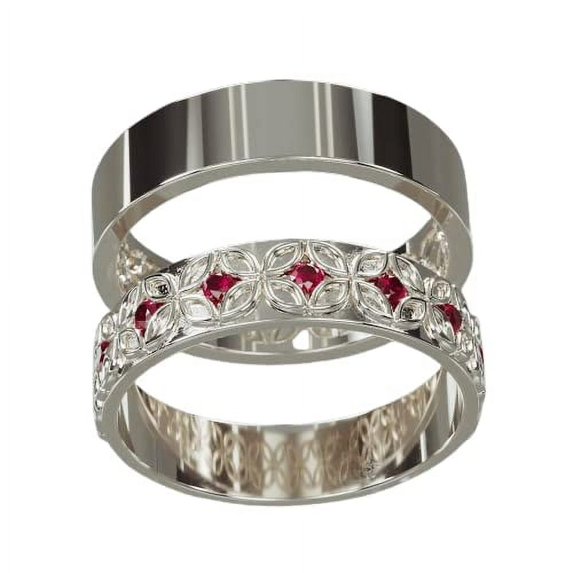 HeartsAndYou 3ct Natural Pink Ruby Stylish Floral Bridal Set Band Ring 14k SOLID White Gold