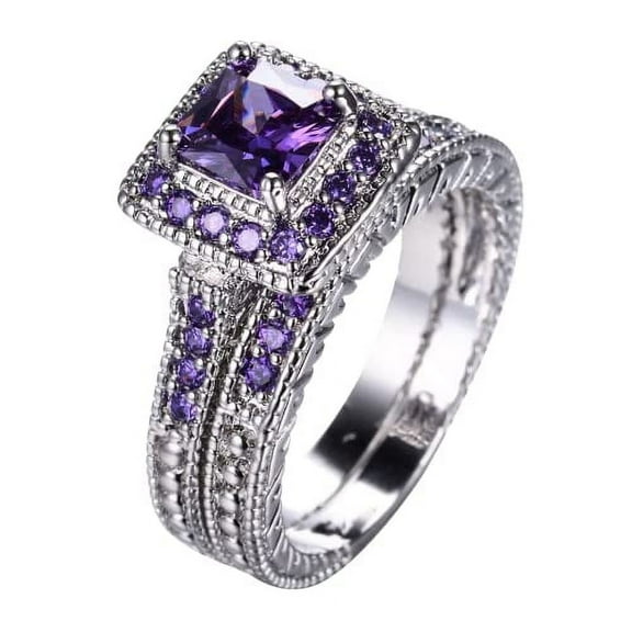 HeartsAndYou 3ct Natural Purple Amethyst Engagement Ring 100% 14k SOLID White Gold Bridal Set