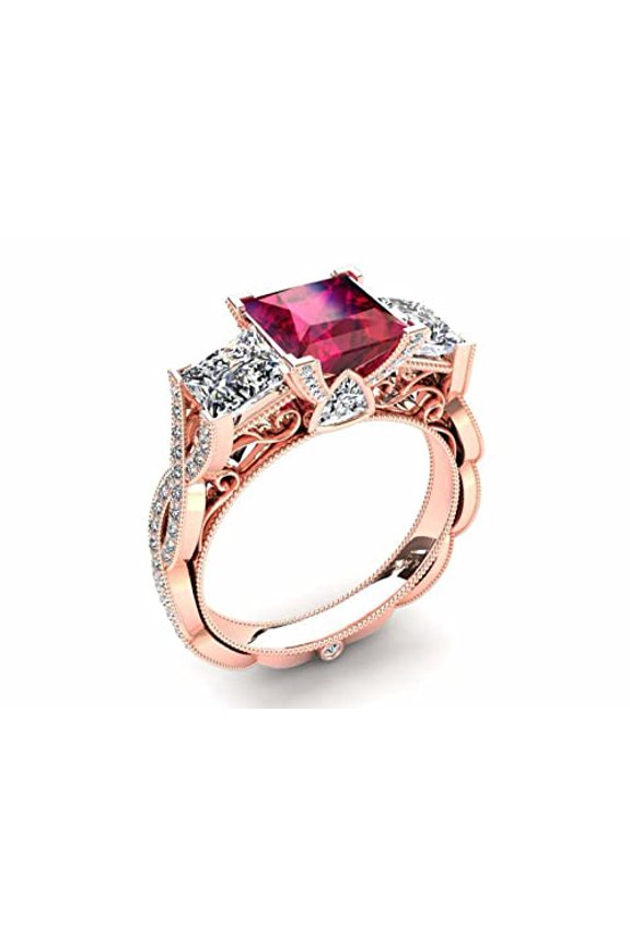 3ct Natural Ruby & Diamond Engagement Ring Trilogy Cocktail 14k SOLID Rose Gold