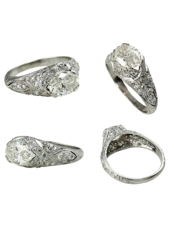 3ct Oval Cut Moissanite Intricate Filigree Antique Inspired Vintage Inspired Ring 18k White Gold over Silver