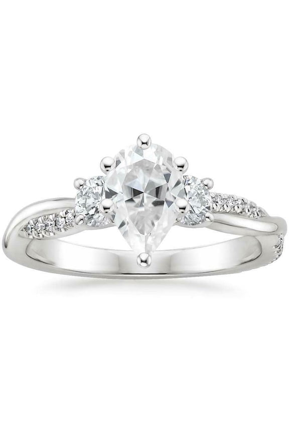 3ct Pear Cut Moissanite Engagement Ring for Women 18k White Gold over Silver Trilogy Twist Shank