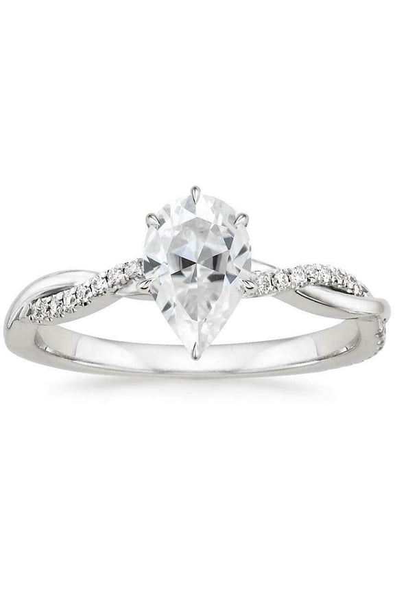 3ct Pear Cut Moissanite Engagement Ring for Women 18k White Gold over Silver Twist Shank Solitaire