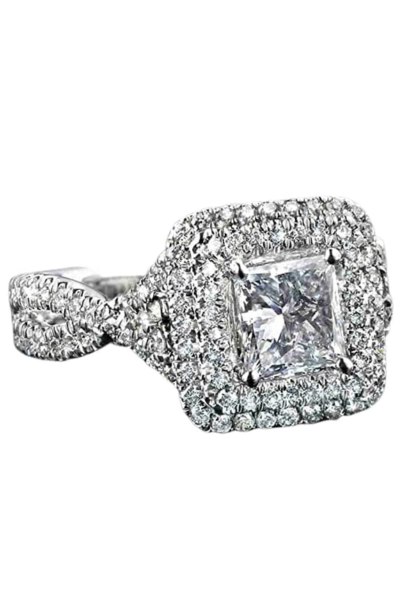 3ct Princess Moissanite Engagement Ring for Women Split Shank Dual Halo 18k White Gold over Silver