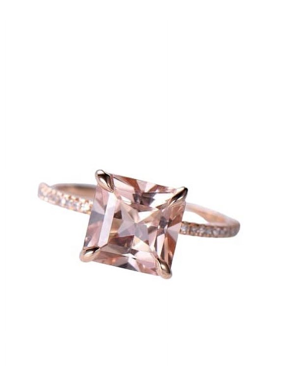 3ct Princess Natural Peach Morganite Moissanite Accents Ring 14k SOLID Rose Gold