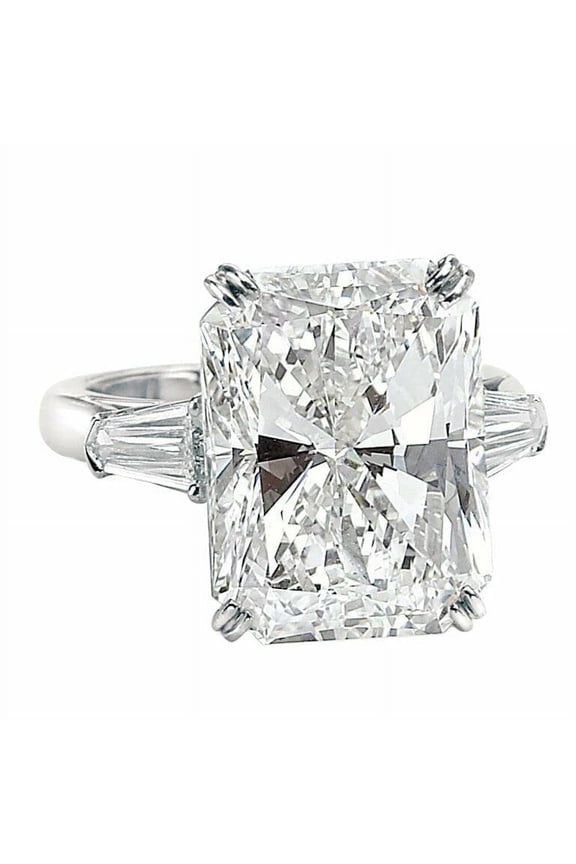 3ct Radiant Cut Moissanite Solitaire Ring 18k White Gold over Silver and Baguette Accent