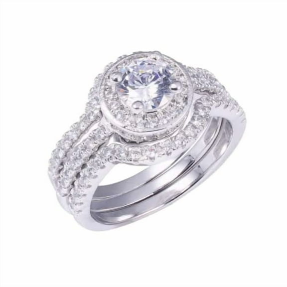 HeartsAndYou 3ct Round Cut Moissanite Engagement Ring for Women 18k White Gold Over Silver Halo Solitaire Trio Set