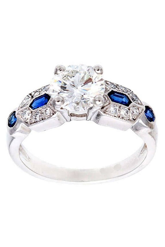 3ct Round Cut Moissanite Engagement Ring for Women Art Deco Solitaire 18k White Gold over Silver