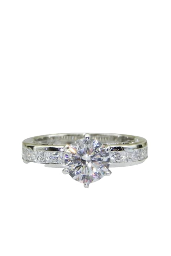 3ct Round Cut Moissanite Engagement Ring for Women Channel Set Accents 18k White Gold over Silver