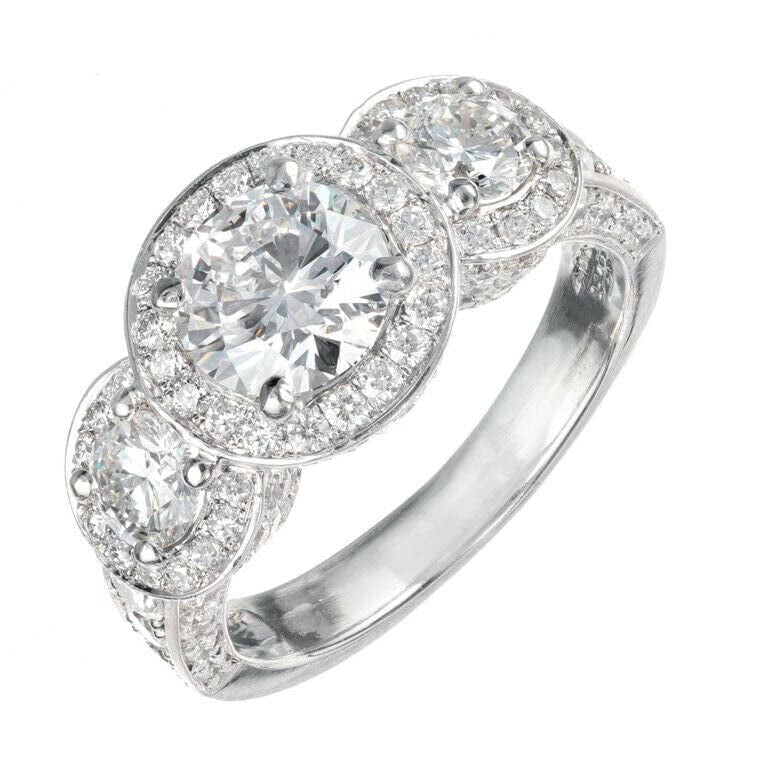 HeartsAndYou 3ct Round Cut Moissanite Engagement Ring for Women Triple Halo Trilogy 18k White Gold over Silver