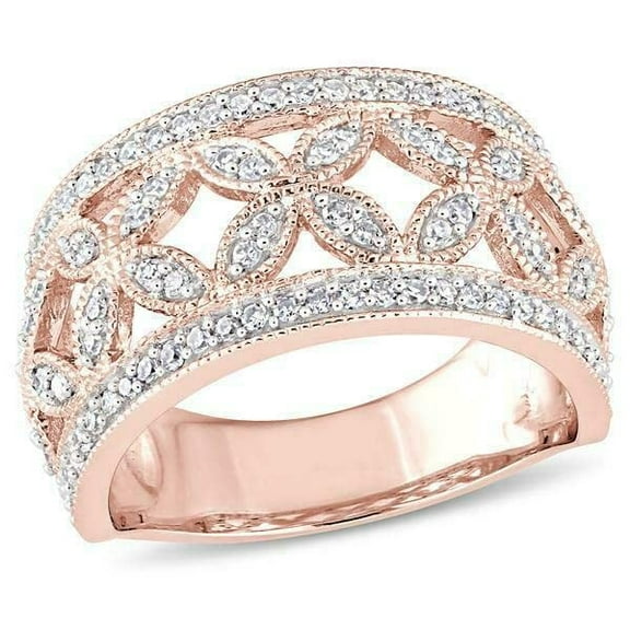 HeartsAndYou 3ct Round Cut Moissanite Floral Milgrain Wide Engagement Ring for Women 18k Rose Gold over Silver