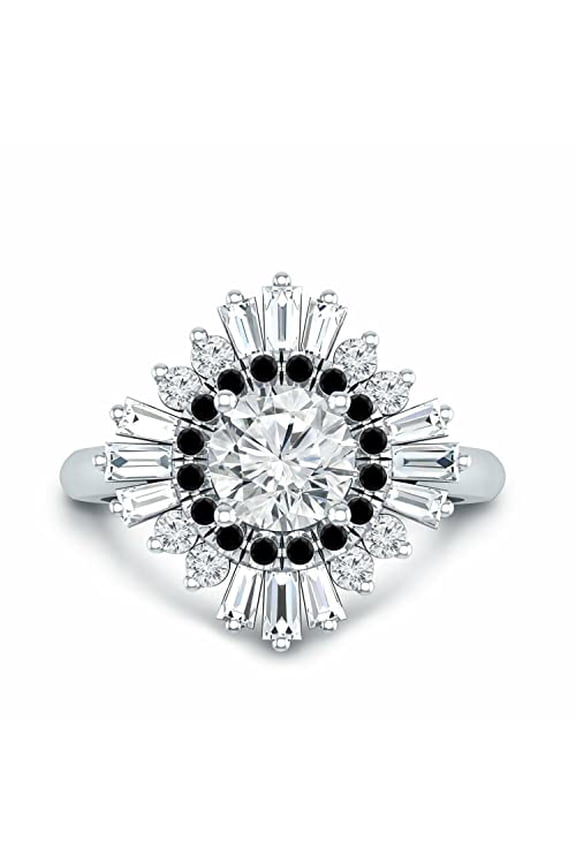 3ct Round Cut Moissanite Sunburst Ballerina Engagement Ring for Women 18k White Gold over Silver Stylish