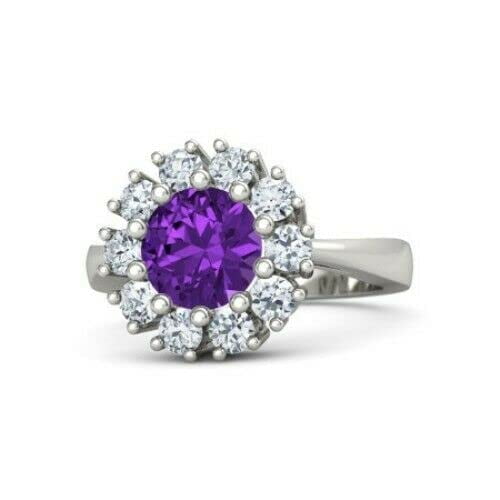 HeartsAndYou 3ct Round Cut Natural Purple Amethyst Moissanite Halo Ring 14k SOLID White Gold