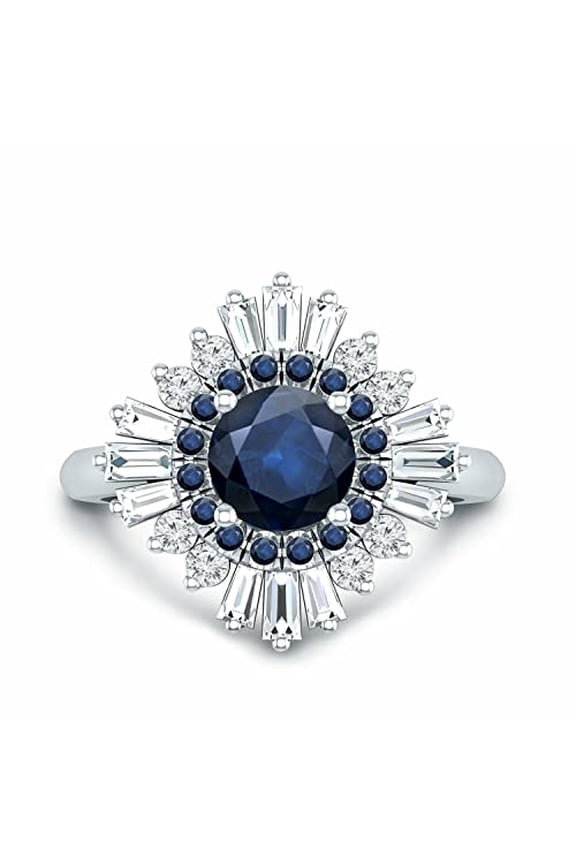 3ct Round Cut Natural Sapphire Sunburst & Moissanite Ring 14k SOLID White Gold