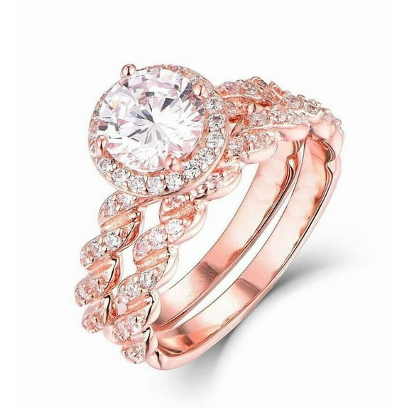 HeartsAndYou 3ct Round Moissanite Bridal Set Halo Engagement Ring for Women Twist Band 18k Rose Gold Over Silver