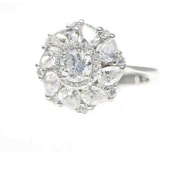 HeartsAndYou 3ct Round Pear Cut Moissanite Floral Halo Engagement Ring for Women 18k White Gold over Silver