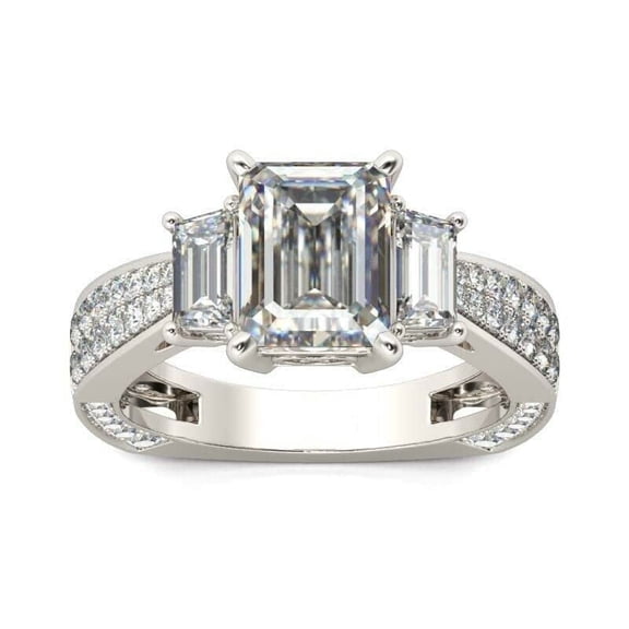 HeartsAndYou 4.5ct Emerald Cut Moissanite Dual Row Accent Engagement Ring for Women 18k White Gold over Silver