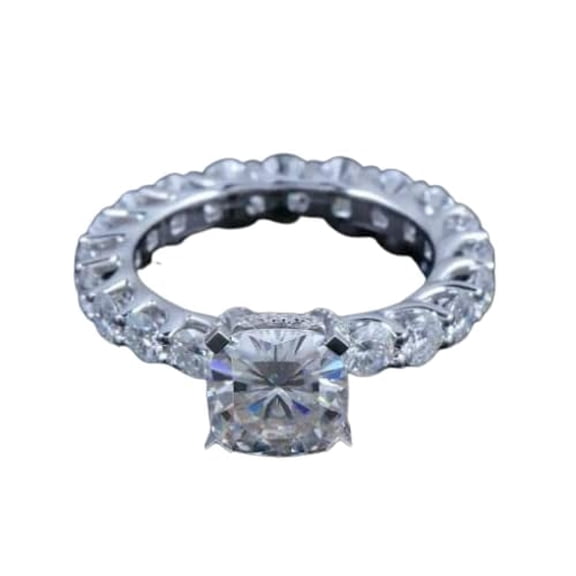 HeartsAndYou 4ct Cushion Cut Moissanite Solitaire Eternity Engagement Ring for Women 18k White Gold over Silver