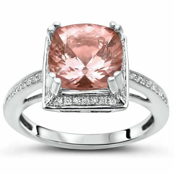 HeartsAndYou 4ct Cushion Cut Natural Morganite Ring 14k SOLID White Gold & Moissanite Halo